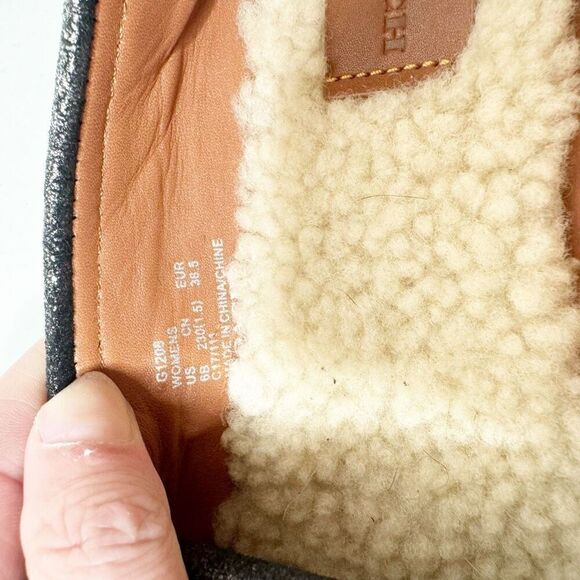 COACH Roccasin Black Metallic Leather Slip On Moccasins Sherpa Flat Loafers Sz 6 - Picture 10 of 10